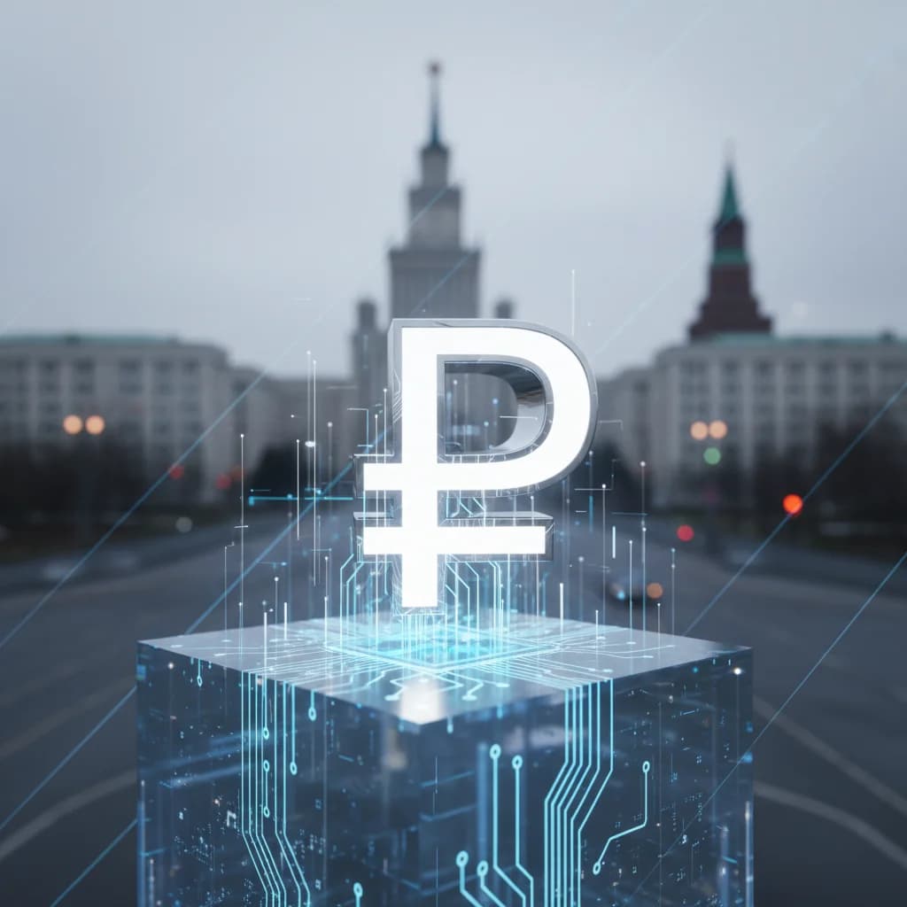 Digital ruble symbol with Russian government building in background