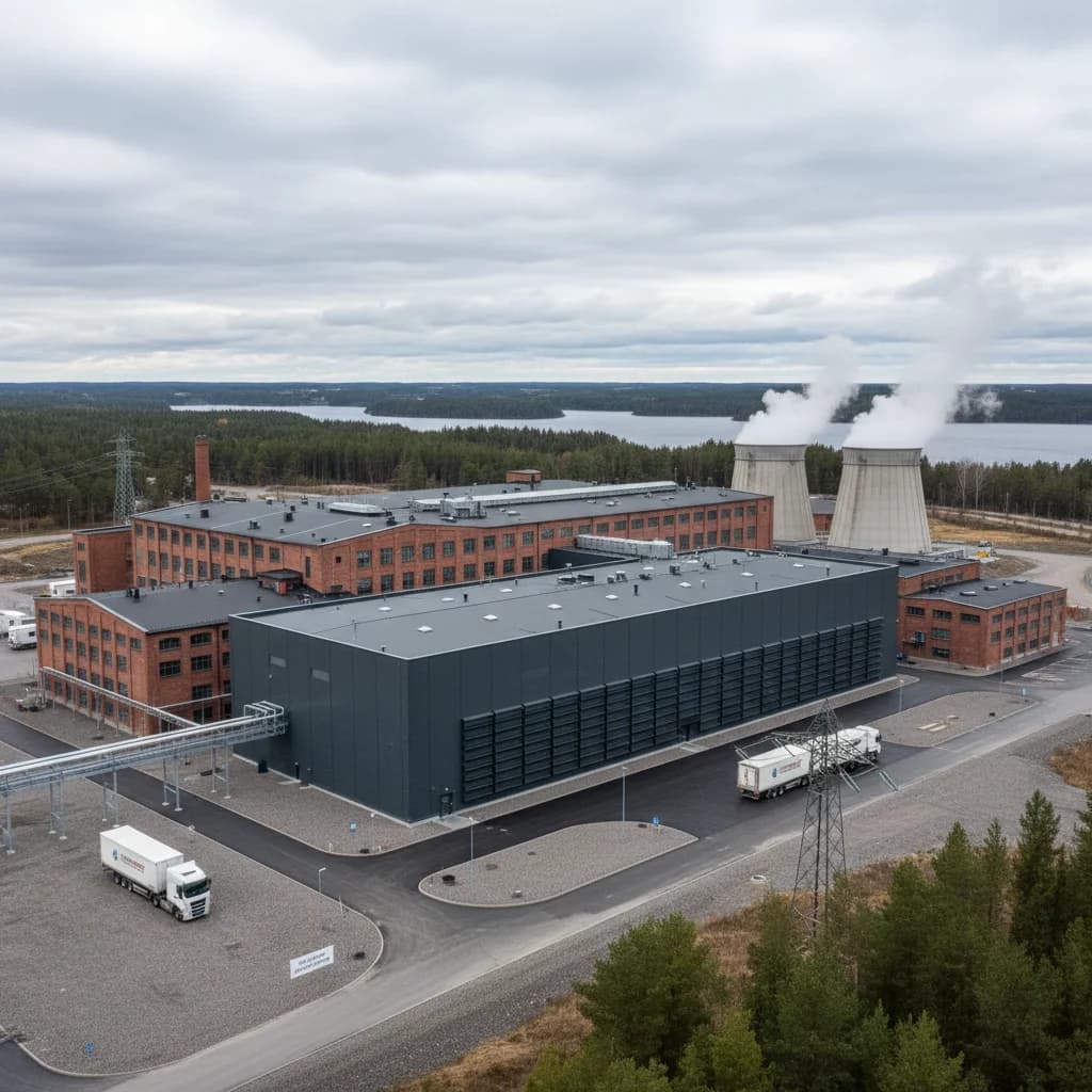Exterior of a modern data center facility in Borlänge, Sweden, built for AI training and cloud services
