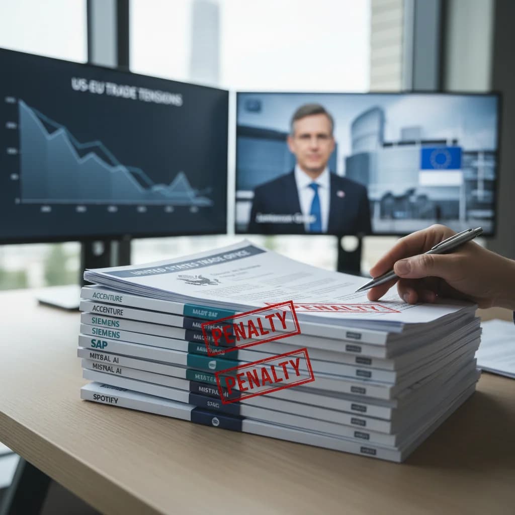 Flags of the United States and European Union with technology icons