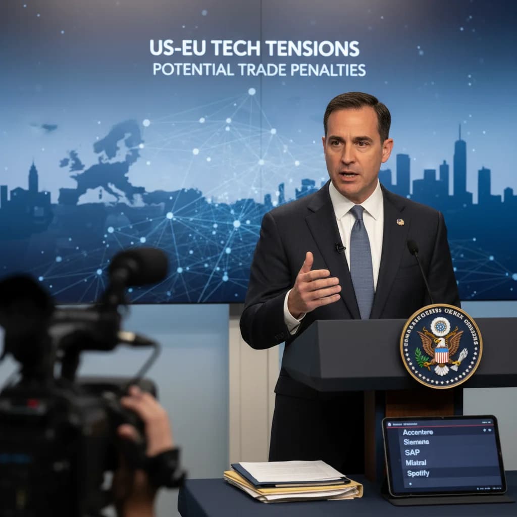 Flags of the USA and European Union with tech company logos