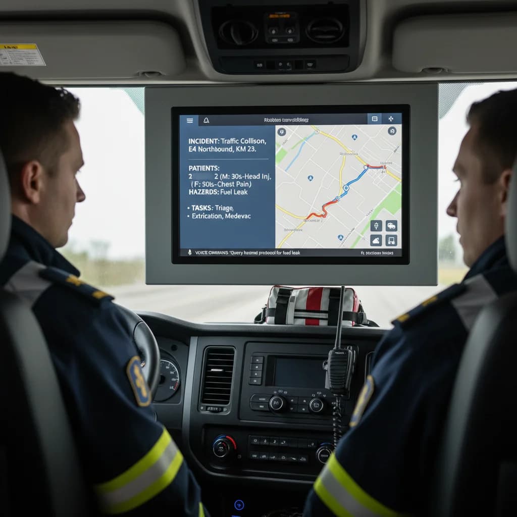 Emergency vehicle dashboard showing an AI-assisted dispatch and navigation interface