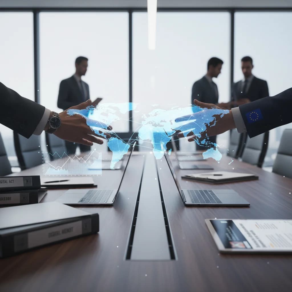 Flags of the USA and European Union in front of tech company logos