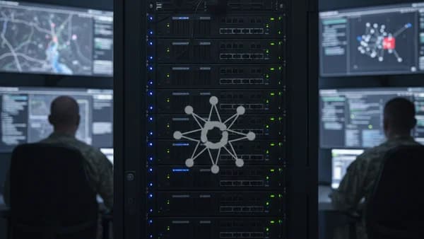 Illustration of AI-assisted military decision-making with a command interface and data streams