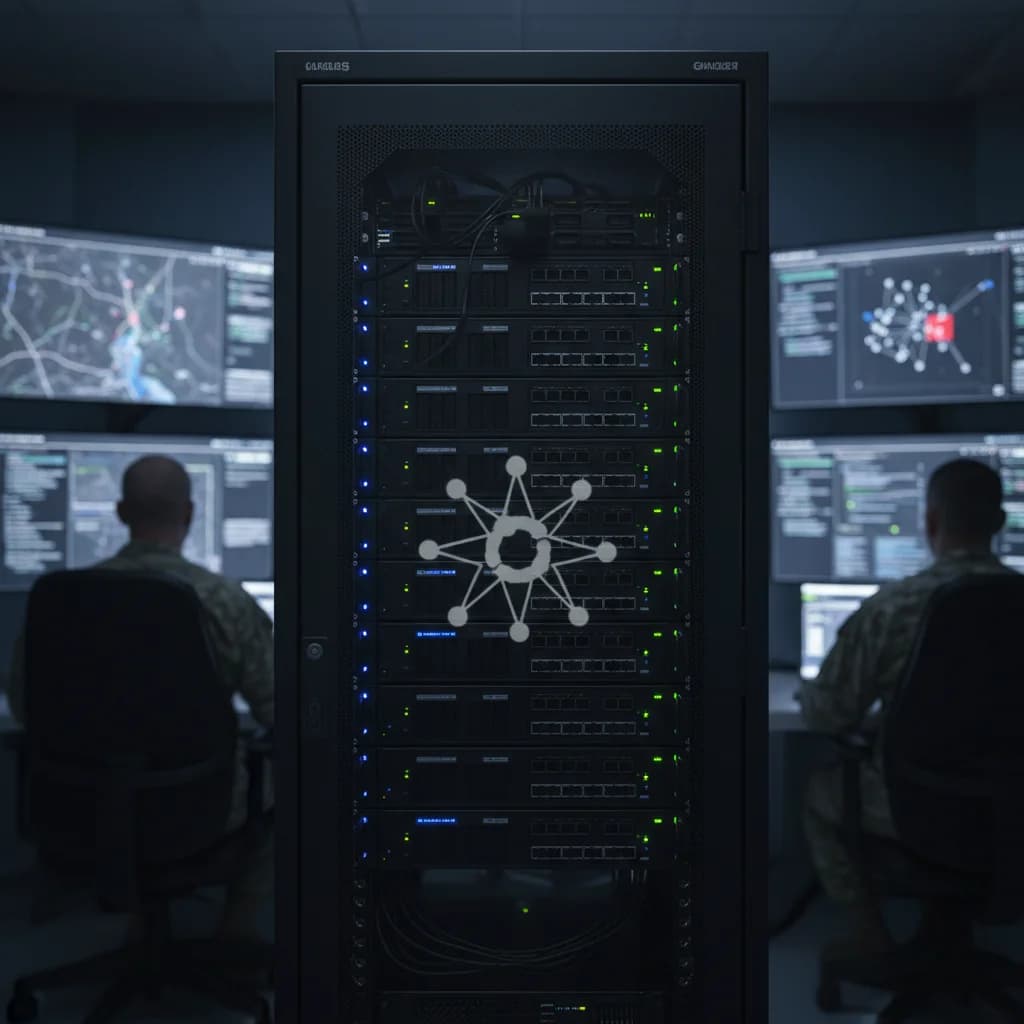 Illustration of AI-assisted military decision-making with a command interface and data streams