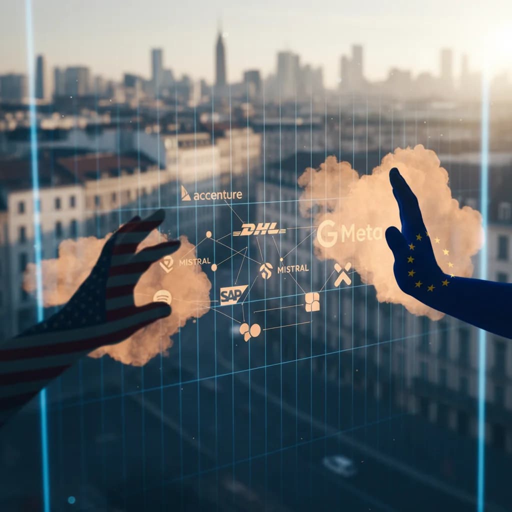 European and American flags with tech company logos in the background