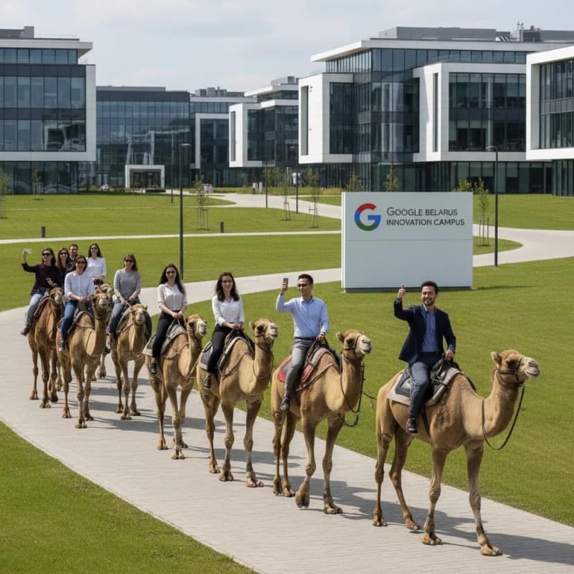 Google office in Belarus with employees riding camels