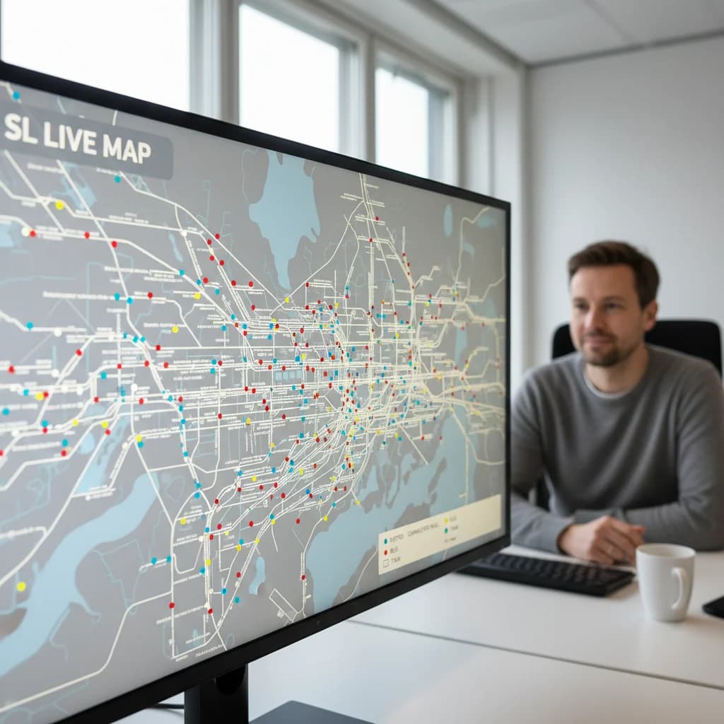 Real-time map showing moving dots representing Stockholm buses, metro trains and commuter rail vehicles