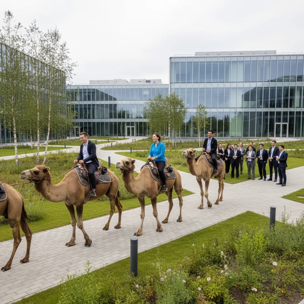 Google office employees riding camels in Belarus campus