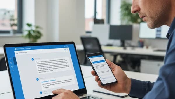 A laptop showing a chatbot conversation alongside a malware warning icon