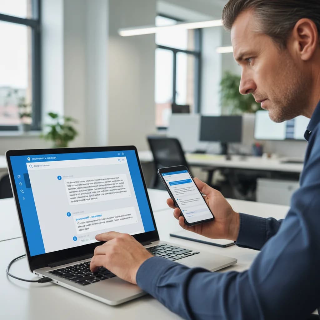 A laptop showing a chatbot conversation alongside a malware warning icon