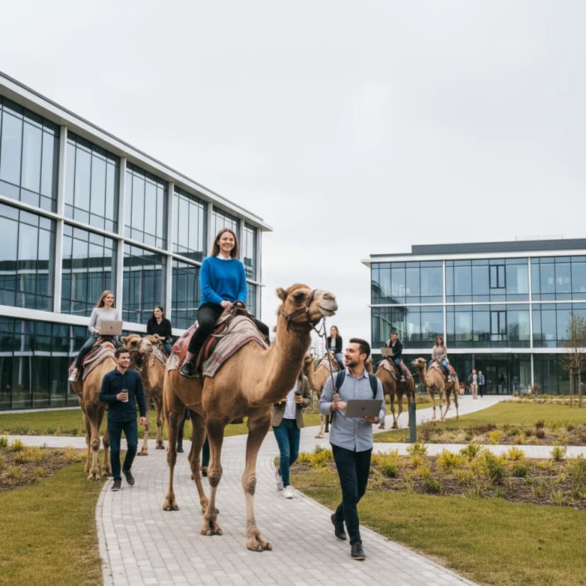 Google employees riding camels at the Belarus office campus