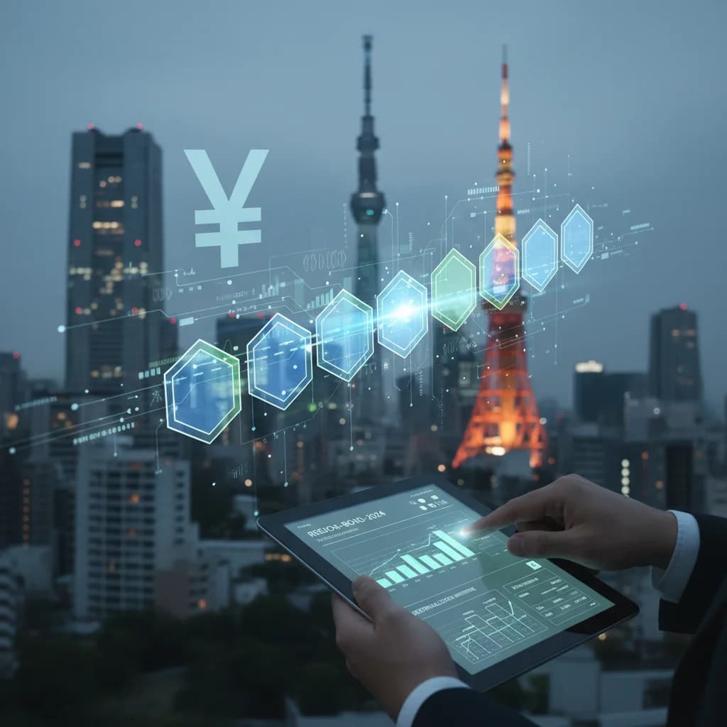Japanese government building with digital financial graphics overlay