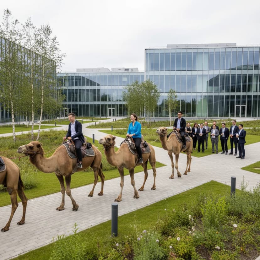 Google office employees riding camels in Belarus campus