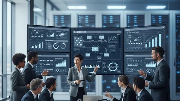 Enterprise teams reviewing AI adoption metrics and ROI dashboards