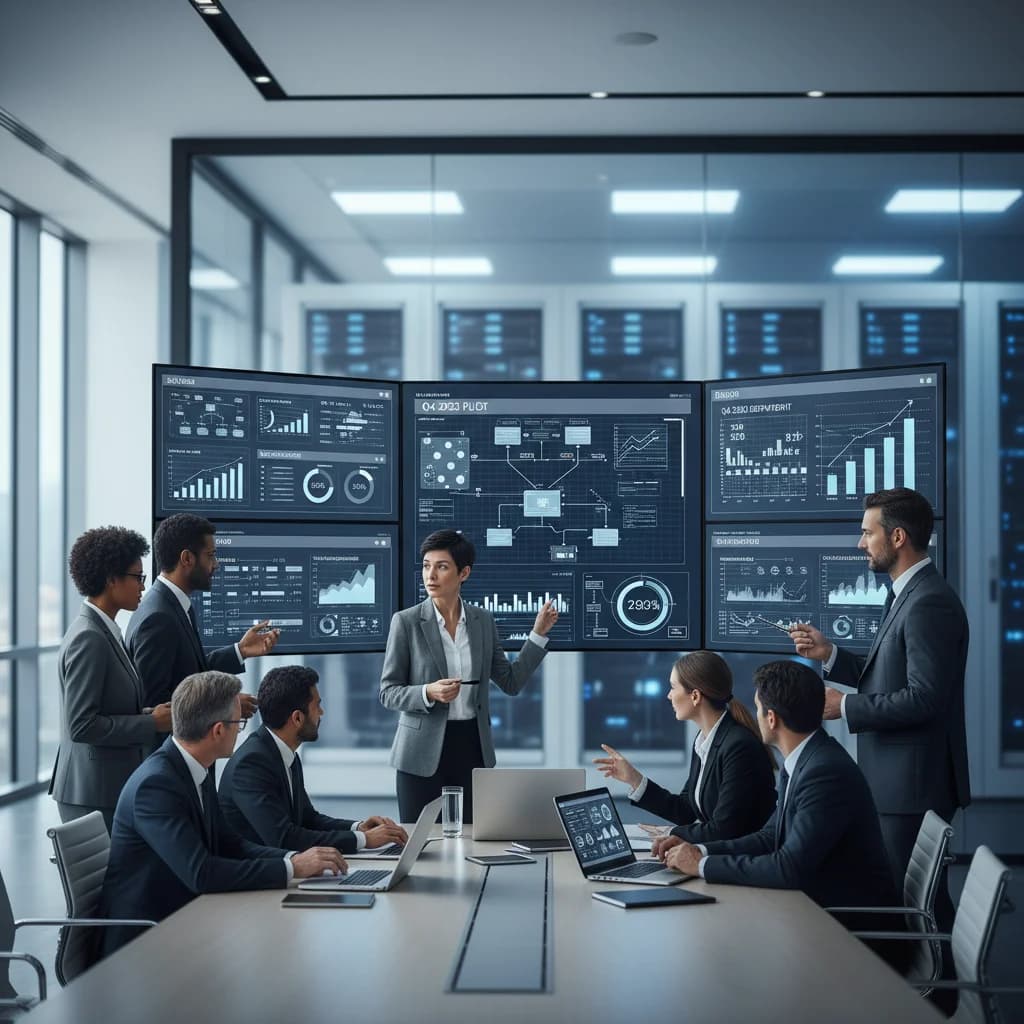 Enterprise teams reviewing AI adoption metrics and ROI dashboards