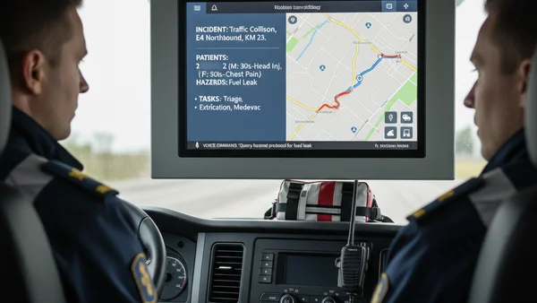Emergency vehicle dashboard showing an AI-assisted dispatch and navigation interface