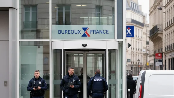 Exterior of an office building associated with X in France during a prosecutor-led search