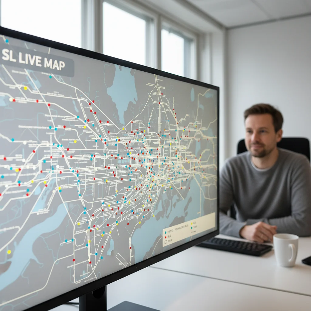 Real-time map showing moving dots representing Stockholm buses, metro trains and commuter rail vehicles