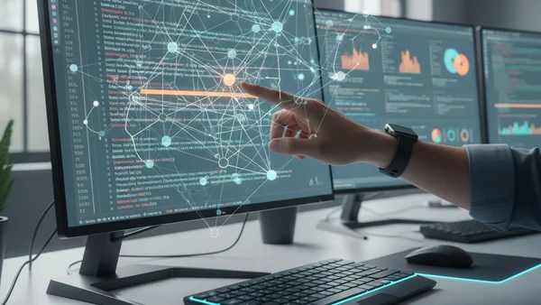 Illustration of an AI assistant reviewing source code for security issues